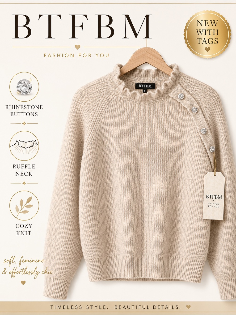 BTFBM Women's Ruffle Neck Sweater with Rhinestone Buttons — Beige NWT
